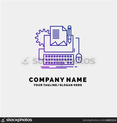 Type Writer, paper, computer, paper, keyboard Purple Business Logo Template. Place for Tagline. Vector EPS10 Abstract Template background