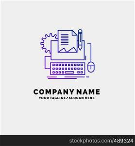 Type Writer, paper, computer, paper, keyboard Purple Business Logo Template. Place for Tagline. Vector EPS10 Abstract Template background