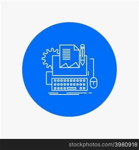 Type Writer, paper, computer, paper, keyboard White Line Icon in Circle background. vector icon illustration