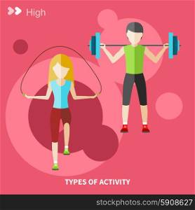 Types of activity. High, normal, low and average active. Healthy lifestyles daily routine tips stick figure in flat design style on banner