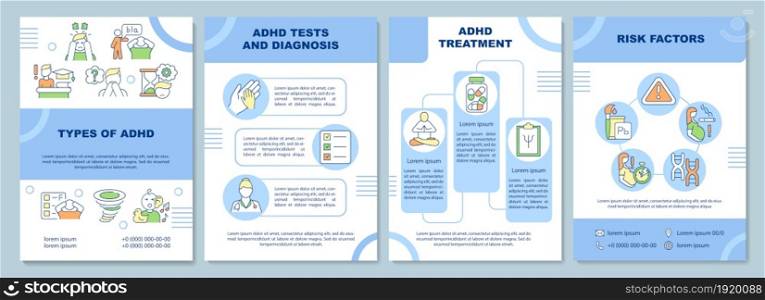 Types of ADHD brochure template. Attention deficit diagnosis. Flyer, booklet, leaflet print, cover design with linear icons. Vector layouts for presentation, annual reports, advertisement pages. Types of ADHD brochure template
