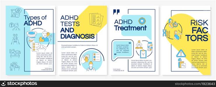 Types of ADHD brochure template. Treatment and risk factors. Flyer, booklet, leaflet print, cover design with linear icons. Vector layouts for presentation, annual reports, advertisement pages. Types of ADHD brochure template