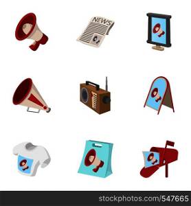 Types of advertising icons set. Cartoon illustration of 9 types of advertising vector icons for web. Types of advertising icons set, cartoon style