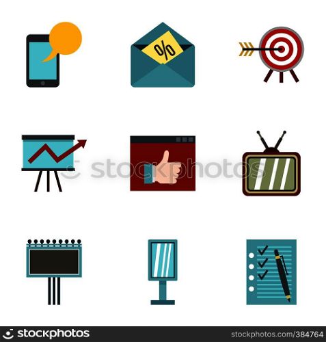 Types of advertising icons set. Flat illustration of 9 types of advertising vector icons for web. Types of advertising icons set, flat style
