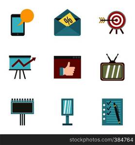 Types of advertising icons set. Flat illustration of 9 types of advertising vector icons for web. Types of advertising icons set, flat style