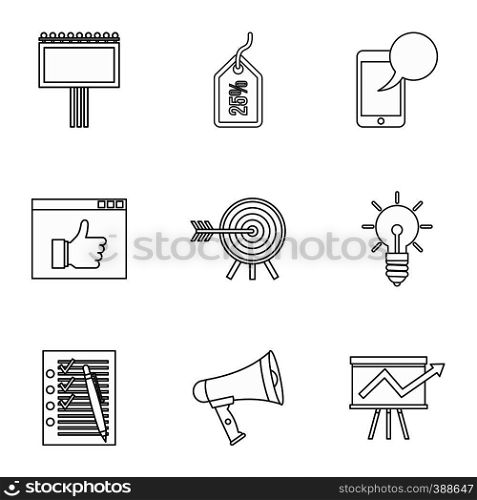 Types of advertising icons set. Outline illustration of 9 types of advertising vector icons for web. Types of advertising icons set, outline style