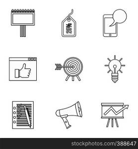 Types of advertising icons set. Outline illustration of 9 types of advertising vector icons for web. Types of advertising icons set, outline style