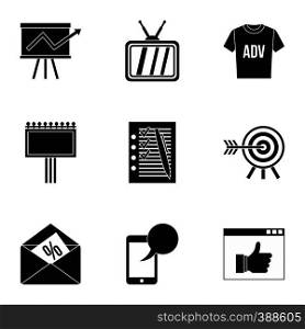 Types of advertising icons set. Simple illustration of 9 types of advertising vector icons for web. Types of advertising icons set, simple style