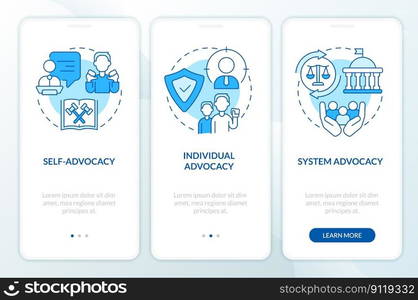 Types of advocacy blue onboarding mobile app screen. Legal protection walkthrough 3 steps editable graphic instructions with linear concepts. UI, UX, GUI template. Myriad Pro-Bold, Regular fonts used. Types of advocacy blue onboarding mobile app screen