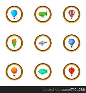 Types of airship icons set. Cartoon style set of 9 types of airship vector icons for web design. Types of airship icons set, cartoon style