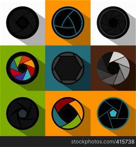 Types of aperture icons set. Flat illustration of 9 types of aperture vector icons for web. Types of aperture icons set, flat style