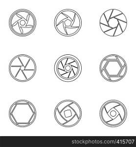 Types of aperture icons set. Outline illustration of 9 types of aperture vector icons for web. Types of aperture icons set, outline style
