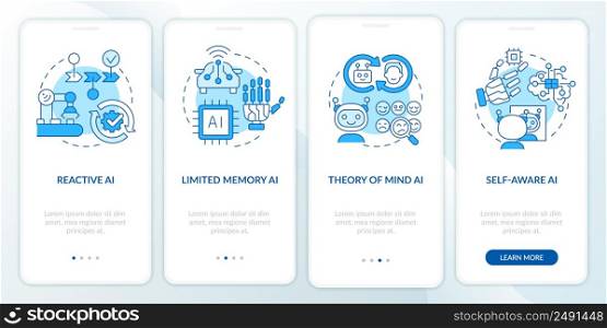 Types of artificial intelligence blue onboarding mobile app screen. Walkthrough 4 steps graphic instructions pages with linear concepts. UI, UX, GUI template. Myriad Pro-Bold, Regular fonts used. Types of artificial intelligence blue onboarding mobile app screen