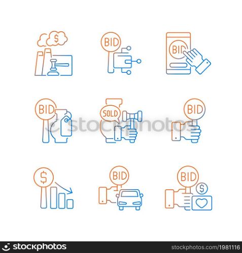 Types of auctions gradient linear vector icons set. Auctioneer and participants. Bidding for vehicles and fine art. Thin line contour symbols bundle. Isolated outline illustrations collection. Types of auctions gradient linear vector icons set