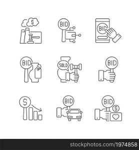 Types of auctions linear icons set. Auctioneer and participants. Bidding for vehicles and fine art. Customizable thin line contour symbols. Isolated vector outline illustrations. Editable stroke. Types of auctions linear icons set