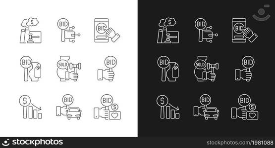 Types of auctions linear icons set for dark and light mode. Auctioneer. Bidding for vehicles and fine art. Customizable thin line symbols. Isolated vector outline illustrations. Editable stroke. Types of auctions linear icons set for dark and light mode