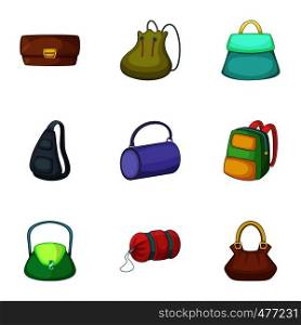 Types of bags icons set. Cartoon set of 9 Types of bags vector icons for web isolated on white background. Types of bags icons set, cartoon style