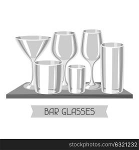 Types of bar glasses. Set of alcohol glassware on shelf. Types of bar glasses. Set of alcohol glassware on shelf.