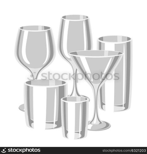 Types of bar glasses. Set of alcohol glassware. Types of bar glasses. Set of alcohol glassware.