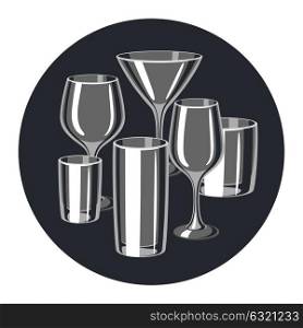 Types of bar glasses. Set of alcohol glassware. Types of bar glasses. Set of alcohol glassware.