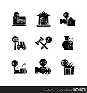 Types of bargaining black glyph icons set on white space. Auction house. Bidding for farm equipment. Auction winner. Selling property and antique. Silhouette symbols. Vector isolated illustration. Types of bargaining black glyph icons set on white space