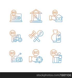 Types of bargaining gradient linear vector icons set. Auction house. Bidding for farm equipment. Auction winner. Thin line contour symbols bundle. Isolated outline illustrations collection. Types of bargaining gradient linear vector icons set