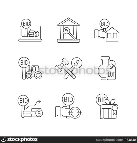 Types of bargaining linear icons set. Auction house. Bidding for farm equipment. Auction winner. Customizable thin line contour symbols. Isolated vector outline illustrations. Editable stroke. Types of bargaining linear icons set