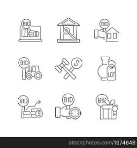 Types of bargaining linear icons set. Auction house. Bidding for farm equipment. Auction winner. Customizable thin line contour symbols. Isolated vector outline illustrations. Editable stroke. Types of bargaining linear icons set