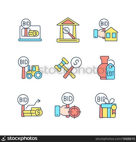 Types of bargaining RGB color icons set. Auction house. Bidding for farm equipment. Auction winner. Isolated vector illustrations. Simple filled line drawings collection. Editable stroke. Types of bargaining RGB color icons set