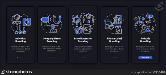 Types of branding strategies dark onboarding mobile app page screen. Business walkthrough 5 steps graphic instructions with concepts. UI, UX, GUI vector template with night mode illustrations. Types of branding strategies dark onboarding mobile app page screen