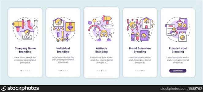 Types of branding strategies onboarding mobile app page screen. Business walkthrough 5 steps graphic instructions with concepts. UI, UX, GUI vector template with linear color illustrations. Types of branding strategies onboarding mobile app page screen