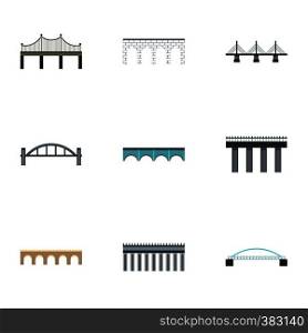 Types of bridges icons set. Flat illustration of 9 types of bridges vector icons for web. Types of bridges icons set, flat style