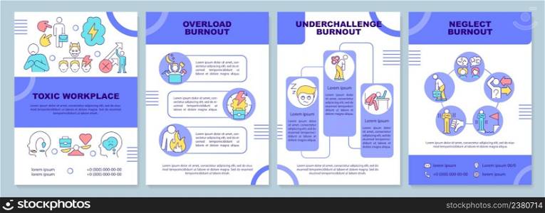 Types of burnout brochure template. Overworking and stress. Leaflet design with linear icons. 4 vector layouts for presentation, annual reports. Arial-Black, Myriad Pro-Regular fonts used. Types of burnout brochure template