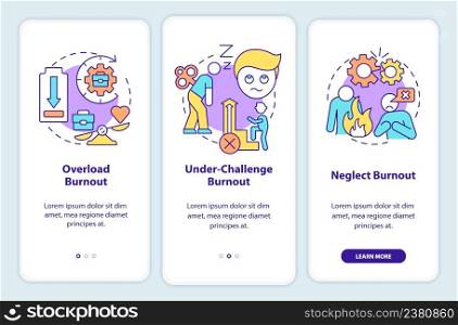 Types of burnout onboarding mobile app screen. Work related stress walkthrough 3 steps graphic instructions pages with linear concepts. UI, UX, GUI template. Myriad Pro-Bold, Regular fonts used. Types of burnout onboarding mobile app screen