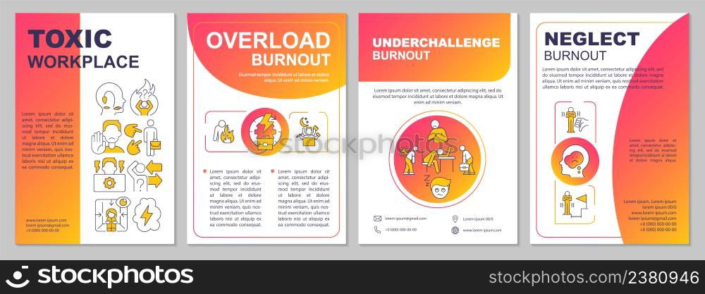 Types of burnout red gradient brochure template. Overworking and stress. Leaflet design with linear icons. 4 vector layouts for presentation, annual reports. Arial-Black, Myriad Pro-Regular fonts used. Types of burnout red gradient brochure template