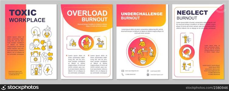 Types of burnout red gradient brochure template. Overworking and stress. Leaflet design with linear icons. 4 vector layouts for presentation, annual reports. Arial-Black, Myriad Pro-Regular fonts used. Types of burnout red gradient brochure template