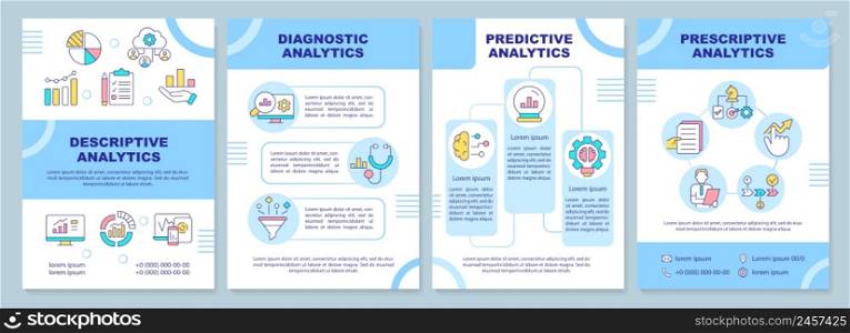 Types of business analytics blue brochure template. Descriptive. Leaflet design with linear icons. 4 vector layouts for presentation, annual reports. Arial-Black, Myriad Pro-Regular fonts used. Types of business analytics blue brochure template