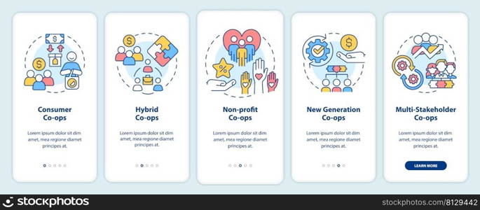 Types of business co-ops onboarding mobile app screen. Corporate walkthrough 5 steps graphic instructions pages with linear concepts. UI, UX, GUI template. Myriad Pro-Bold, Regular fonts used. Types of business co-ops onboarding mobile app screen