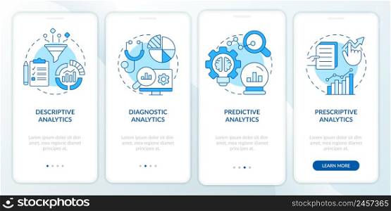 Types of business data analysis blue onboarding mobile app screen. Walkthrough 4 steps graphic instructions pages with linear concepts. UI, UX, GUI template. Myriad Pro-Bold, Regular fonts used. Types of business data analysis blue onboarding mobile app screen