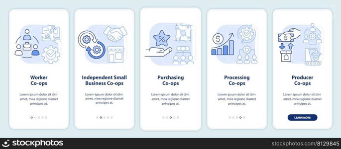 Types of co-ops light blue onboarding mobile app screen. Business walkthrough 5 steps graphic instructions pages with linear concepts. UI, UX, GUI template. Myriad Pro-Bold, Regular fonts used. Types of co-ops light blue onboarding mobile app screen