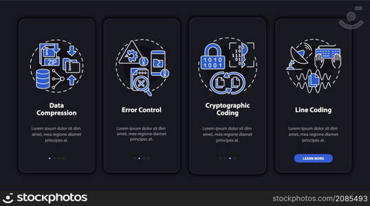 Types of coding night mode onboarding mobile app screen. Programmer walkthrough 5 steps graphic instructions pages with linear concepts. UI, UX, GUI template. Myriad Pro-Bold, Regular fonts used. Types of coding night mode onboarding mobile app screen