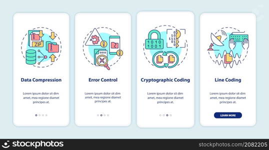 Types of coding onboarding mobile app screen. Software walkthrough 5 steps graphic instructions pages with linear concepts. UI, UX, GUI template. Myriad Pro-Bold, Regular fonts used. Types of coding onboarding mobile app screen