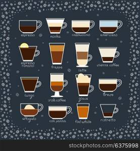 Types of coffee. A collection of 16 drinks. eps 10