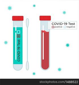 Types of coronavirus tests Vector illustration. Test tube with blood and cotton swab for saliva kit. Laboratory research covid-19. Medical lab examination, isolated with virus background.. Types of coronavirus tests Vector illustration. Test tube with blood and cotton swab for saliva kit.