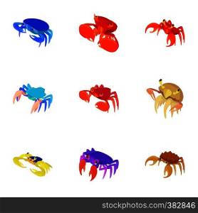 Types of crabs icons set. Cartoon illustration of 9 types of crabs vector icons for web. Types of crabs icons set, cartoon style
