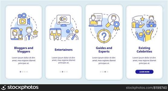 Types of creators onboarding mobi≤app screen. Content makers walkthrough 4 steps editab≤graφc instructions with li≠ar concepts. UI, UX, GUI template. Myriad Pro-Bold, Regular fonts used. Types of creators onboarding mobi≤app screen