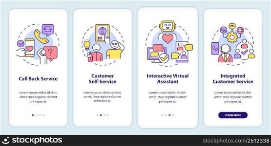 Types of customer service onboarding mobi≤app screen. Walkthrough 4 steps graφc instructions pa≥s with li≠ar concepts. UI, UX, GUI template. Myriad Pro-Bold, Regular fonts used. Types of customer service onboarding mobi≤app screen