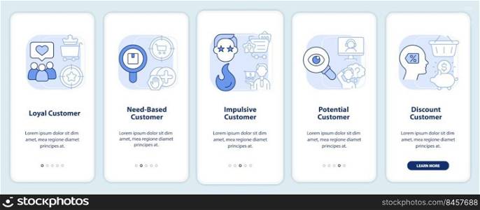 Types of customers light blue onboarding mobile app screen. Business walkthrough 5 steps editable graphic instructions with linear concepts. UI, UX, GUI template. Myriad Pro-Bold, Regular fonts used. Types of customers light blue onboarding mobile app screen