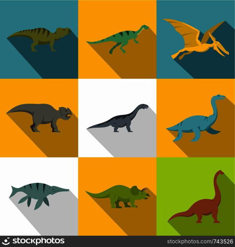 Types of dinosaur icon set. Flat style set of 9 types of dinosaur vector icons for web design. Types of dinosaur icon set, flat style