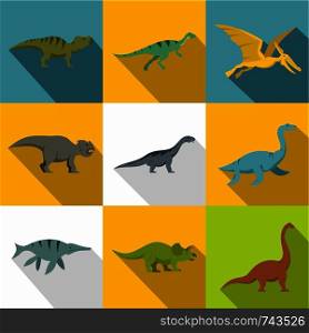Types of dinosaur icon set. Flat style set of 9 types of dinosaur vector icons for web design. Types of dinosaur icon set, flat style